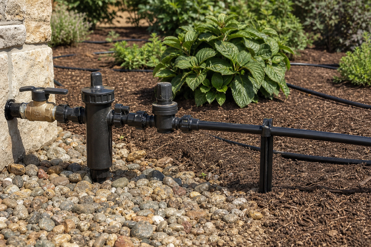 Pressure regulator, filter, and valve installed in the main line before drip irrigation tubing