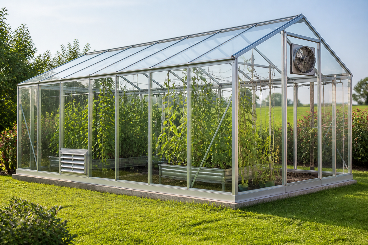 Greenhouse with a lower intake louver and a higher exhaust fan positioned on opposite sides