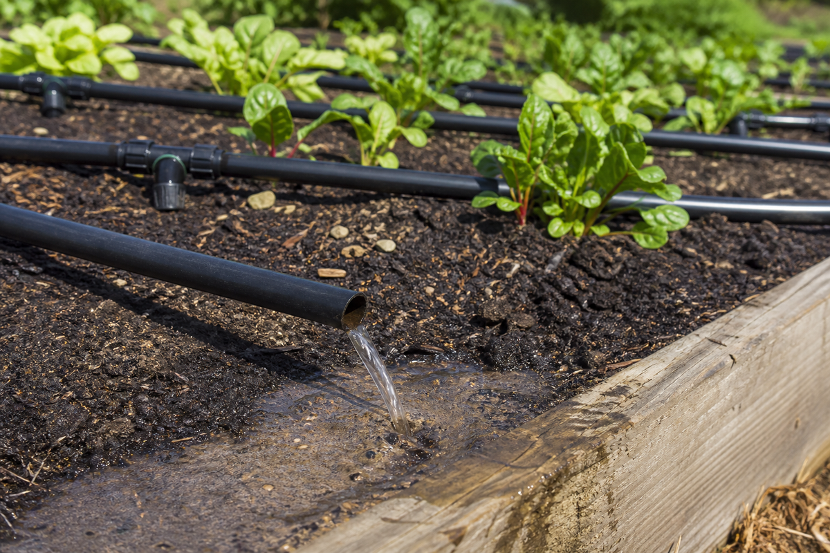 Drip irrigation line flushing into a garden bed with its open end releasing water and sediment