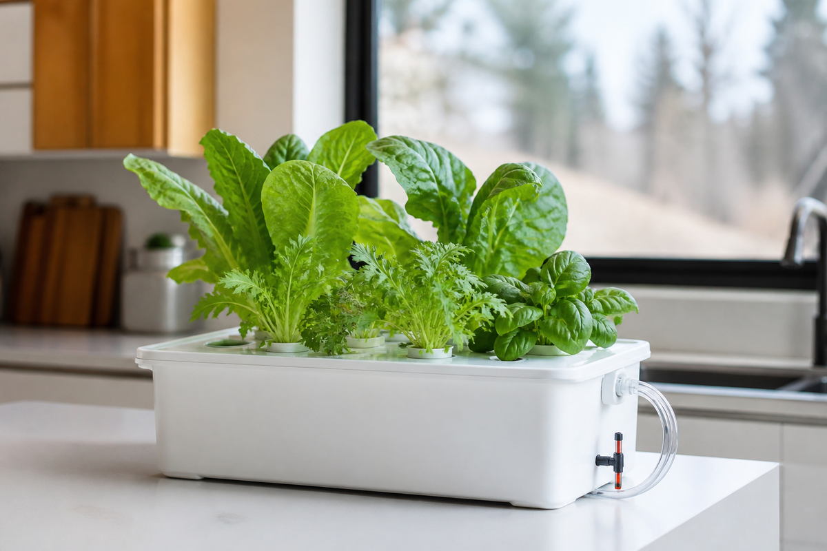 Covered hydroponic grow system with healthy plants and an opaque reservoir