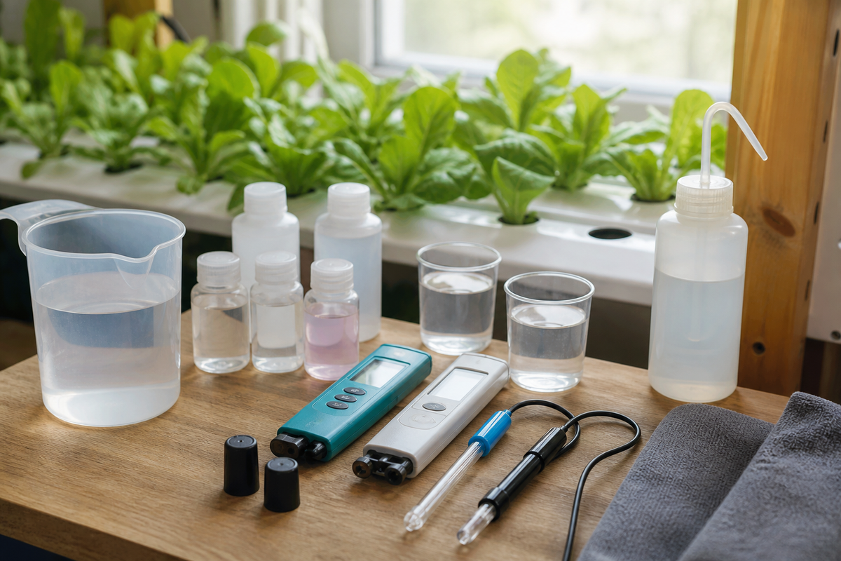 Hydroponic pH and EC meters with calibration supplies and rinse water arranged in a clean workspace