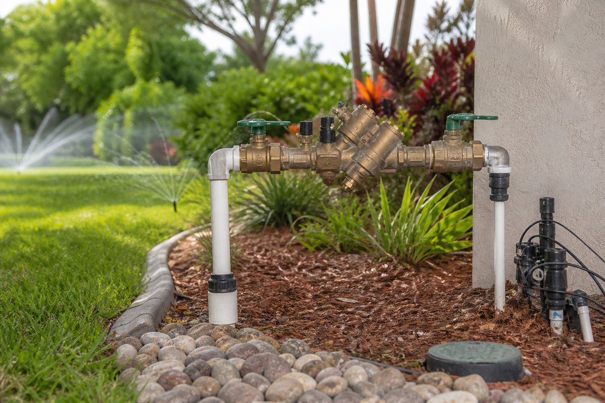 Exposed irrigation backflow preventer beside a residential lawn and sprinkler zones