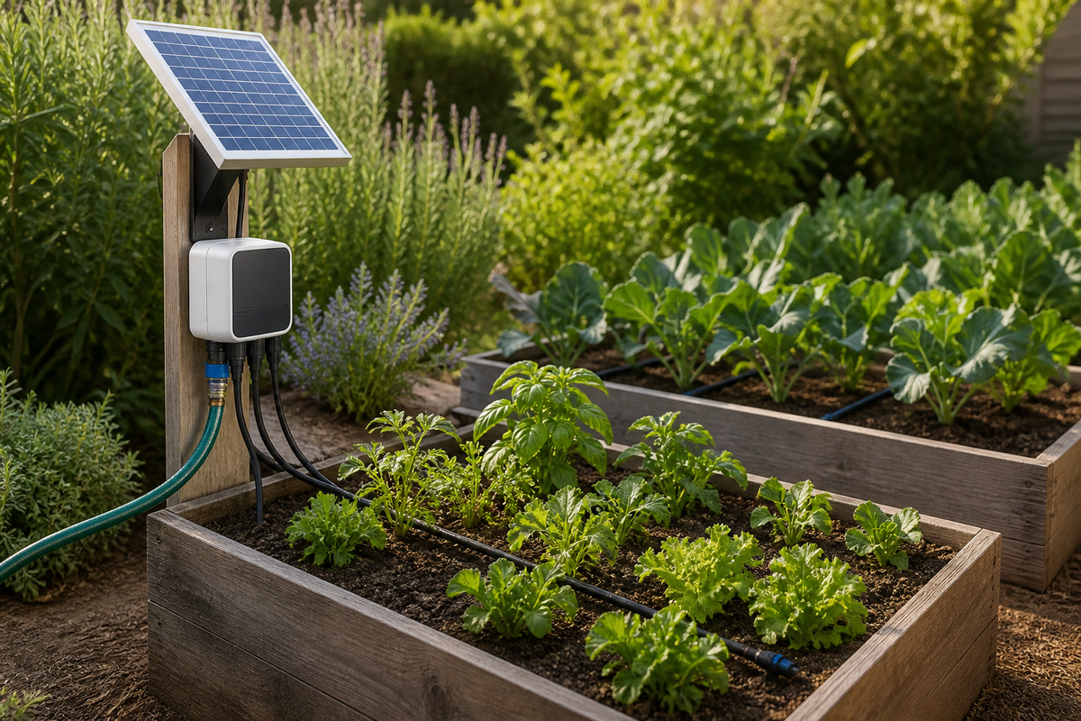 Solar-powered irrigation controller automatically watering a garden through drip lines