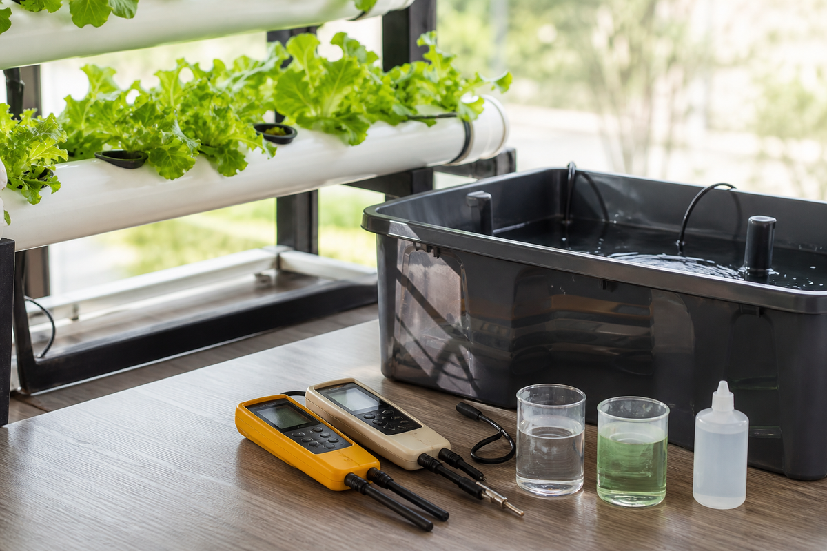 Separate hydroponic pH and EC meters beside a nutrient reservoir in an indoor grow setup