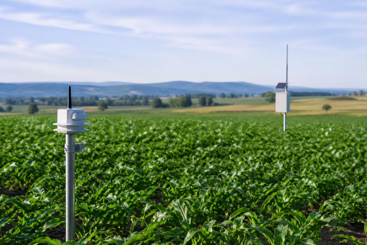Wireless crop sensor and gateway positioned across a monitored field