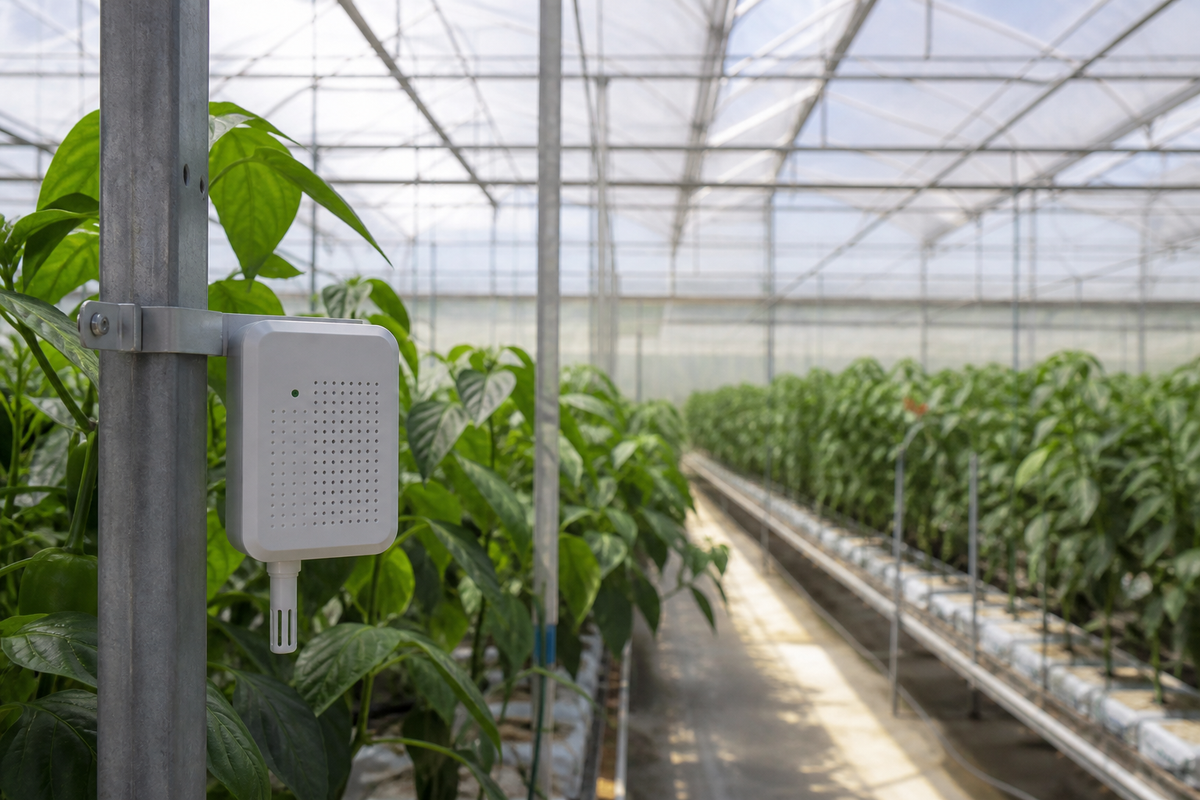 Temperature and humidity data logger mounted near the plant canopy inside a greenhouse