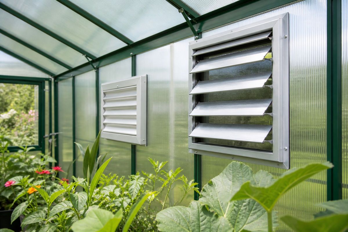 Greenhouse ventilation louver and air intake vent being checked in a planted greenhouse