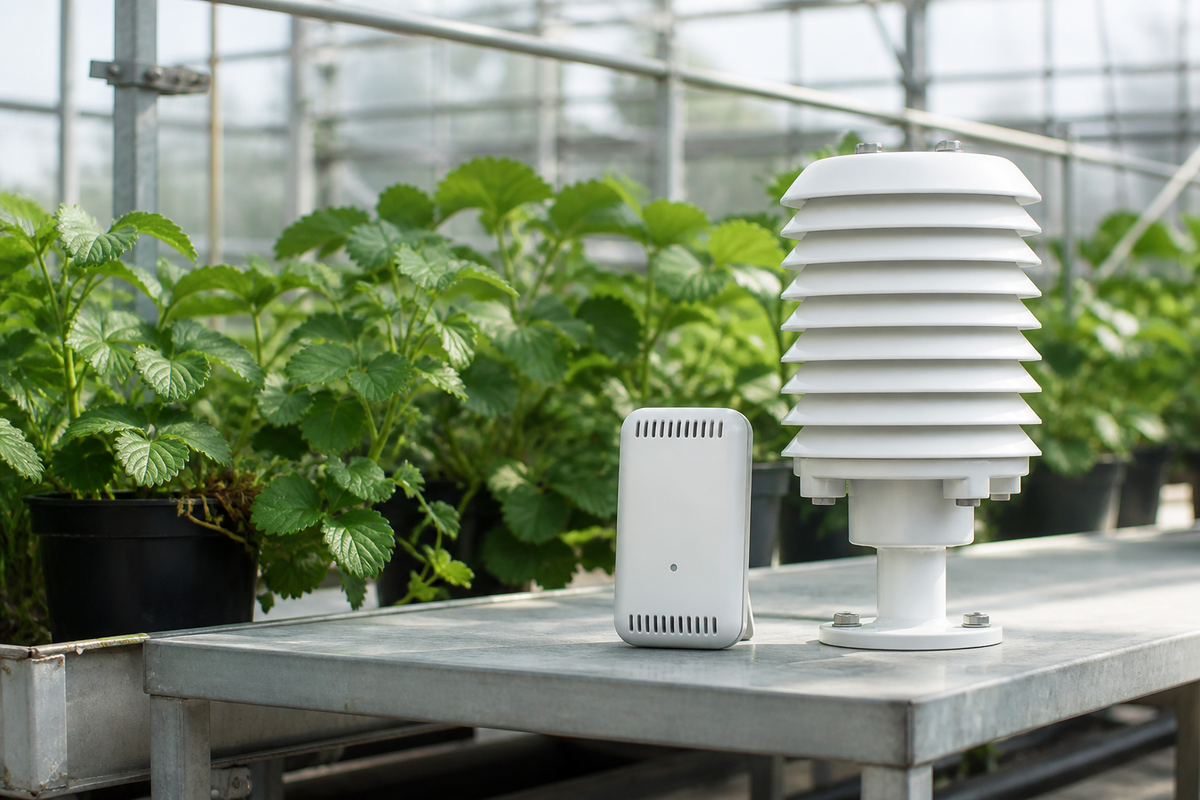 Temperature and humidity data logger beside a trusted reference sensor inside a greenhouse