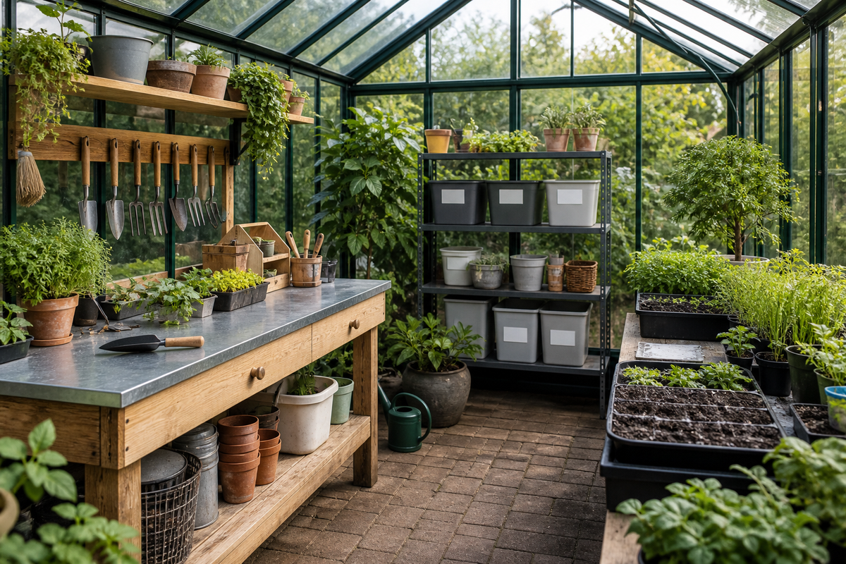 Organized greenhouse with a potting bench, visible hand tools, grouped supplies, and clear walking space
