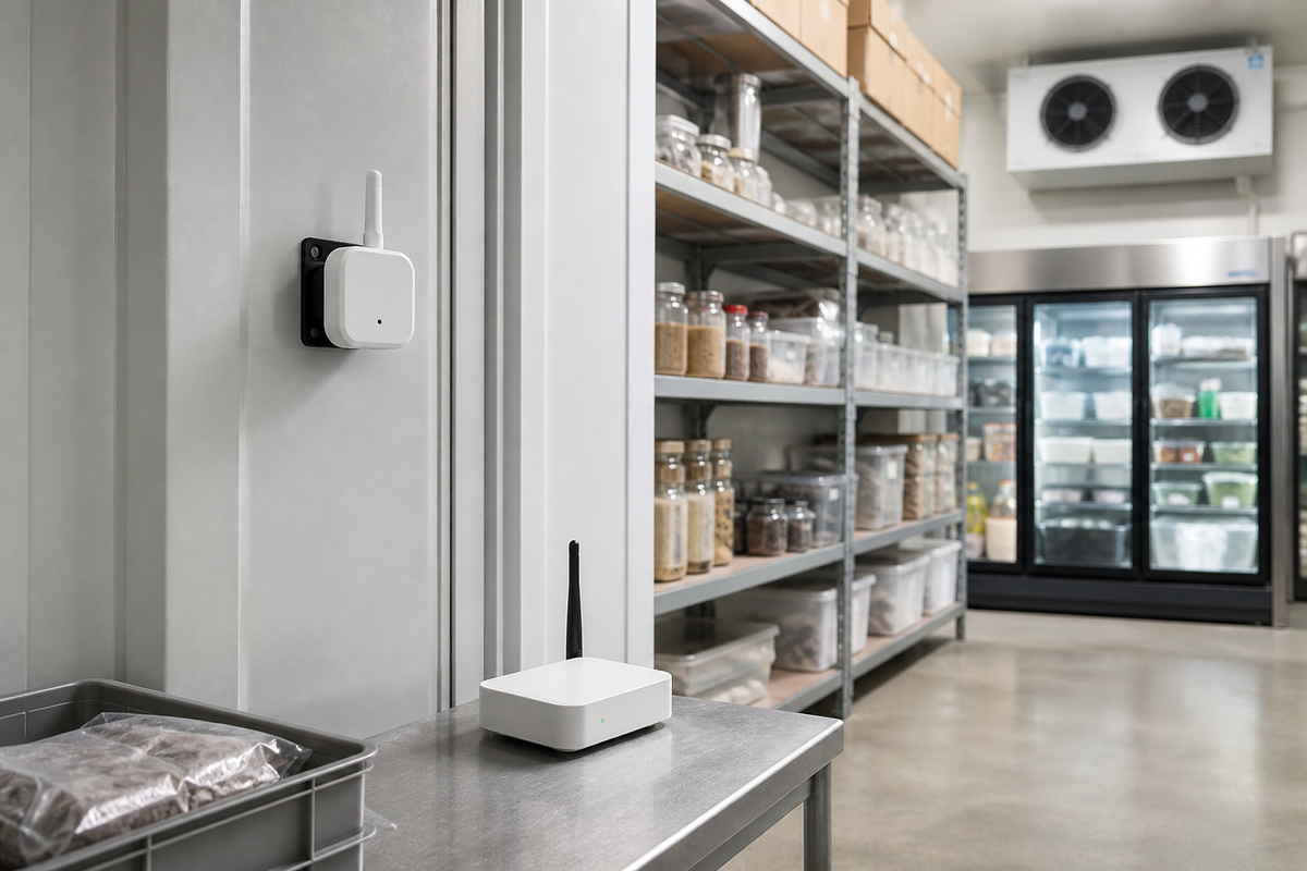 Wireless environmental sensor and gateway monitoring conditions in a storage facility