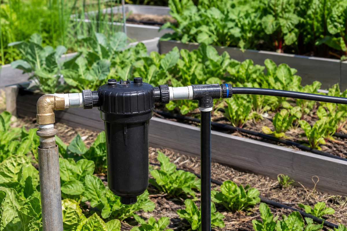Irrigation filter installed upstream of drip lines serving raised garden beds