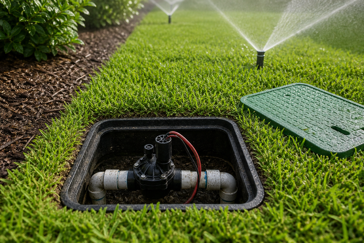 Open irrigation valve box with a solenoid valve connected to a sprinkler zone operating in a residential lawn