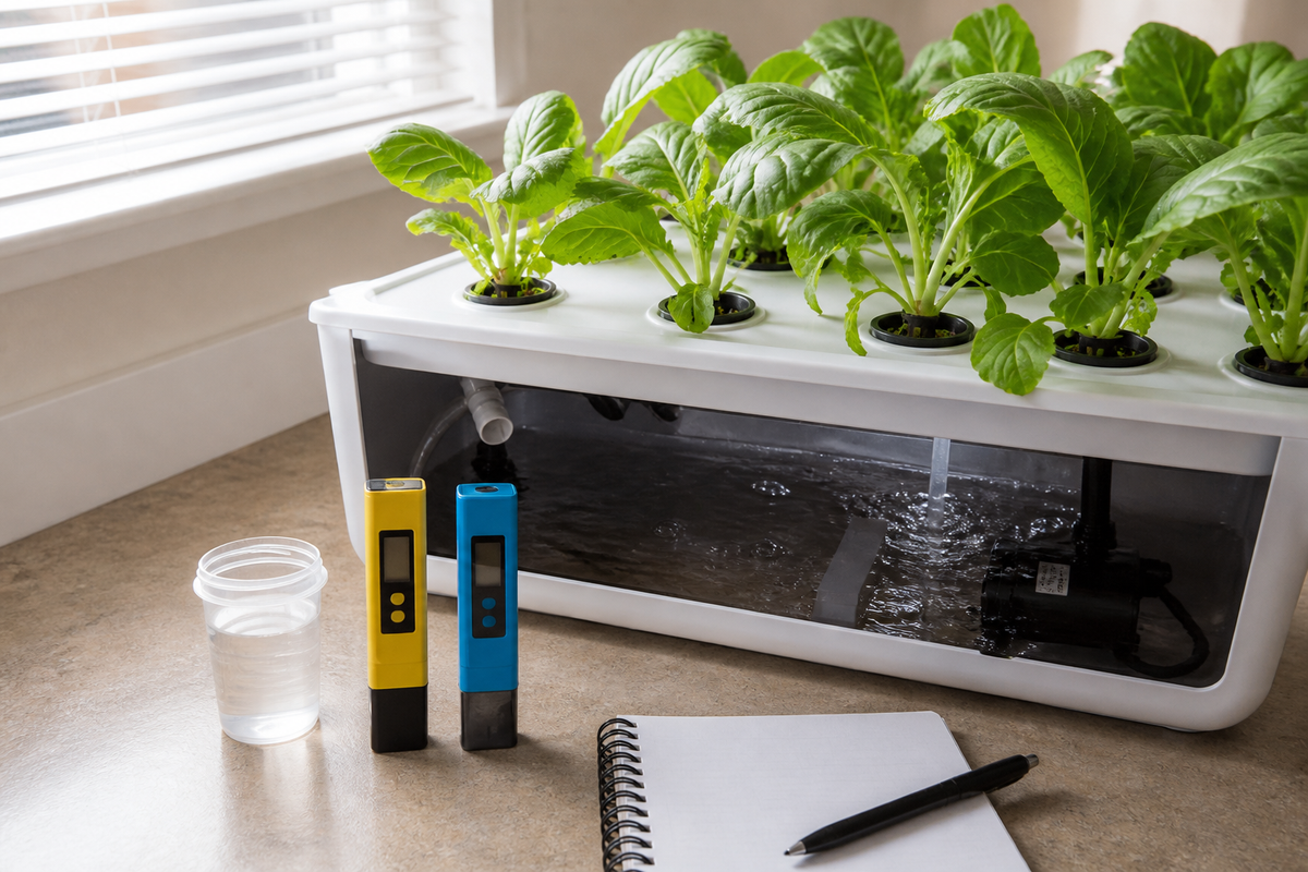 Hydroponic nutrient reservoir with pH and EC meters beside healthy leafy plants