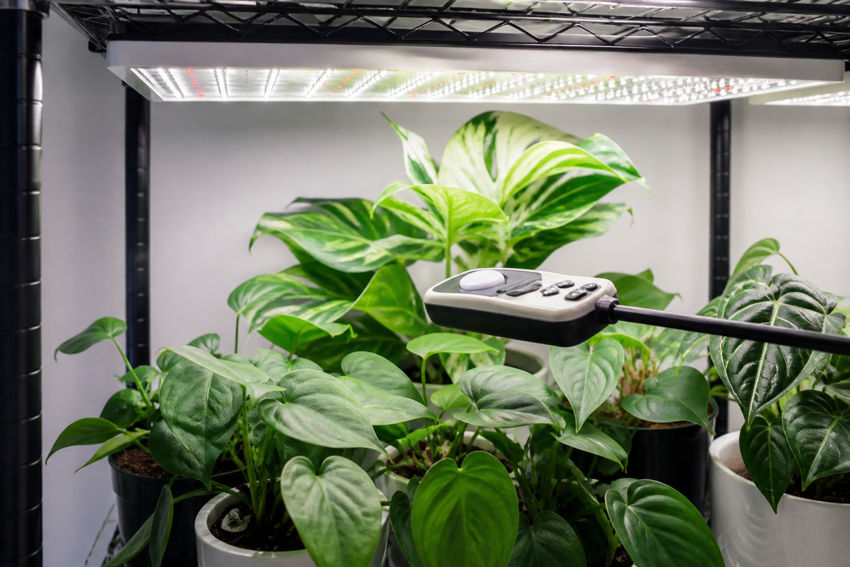 PAR meter measuring light at the top of an indoor plant canopy beneath LED grow lights