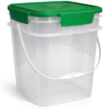 House Naturals 4 Gallon Square Food Grade Bucket Pail with Plastic Handles and Lid (Pack of 3) Made in USA containers (4G SQ Clear - Green lids)