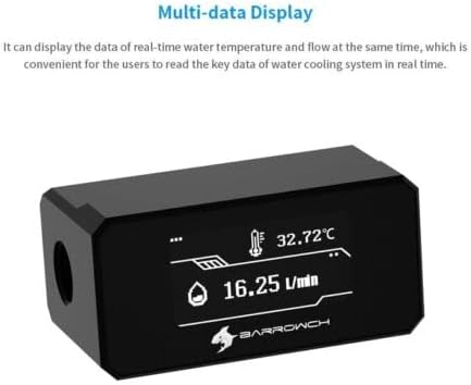 Barrowch G1/4" Water Temperature Sensor & Flow Meter with OLED Display FBFT07 for PC Water Cooling System (Black)