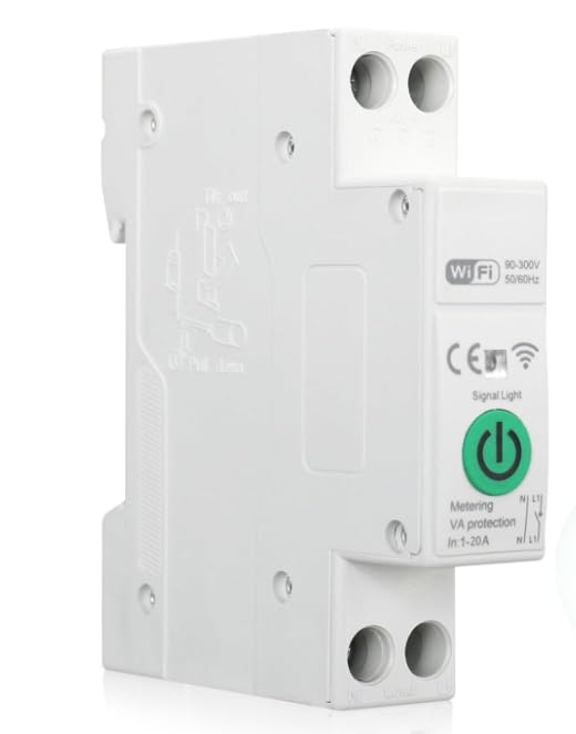 Smart WiFi Switch 110V, din Rail, 1–20A Adjustable, DIY 1P+N Circuit Breaker, 90–300V Wide Voltage for Energy Monitor, Smart Life/Tuya APP Remote Control, Timer Functions, DIN Rail, FCC Certified