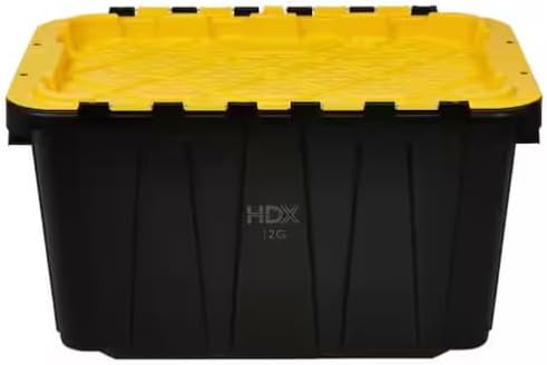12 Gal. Tough Storage Flip Top Tote in Black with Yellow Lid, High-Grade Resin, Stackable, Lockable