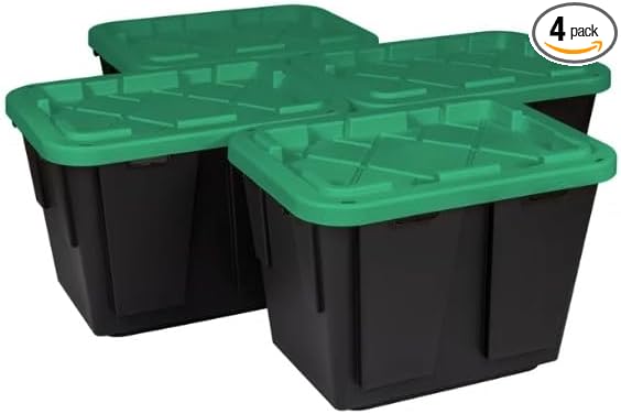 Tough 12 Gallon Plastic Storage Bin with Snap Lid, Stackable, Lockable, Set of 4, Heavy-Duty, Durable, Multi-Purpose Storage Containers for Indoor & Outdoor Use (Black and Green)