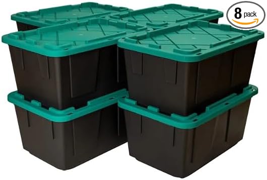 Tough 27 Gallon Plastic Storage Bin with Snap Lid, Stackable, Lockable, Set of 8, Heavy-Duty, Durable, Multi-Purpose Storage Containers for Indoor & Outdoor Use (Green and Black)
