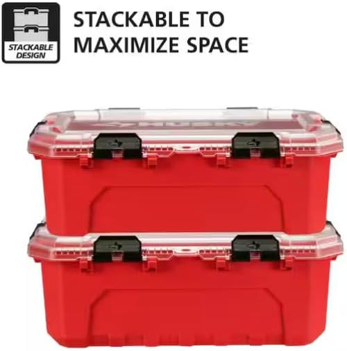 12-Gal. Heavy Duty Stackable Plastic Storage Container with Hinged Lid, 200 lb. Capacity, Red