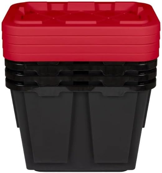Tough 12 Gallon Plastic Storage Bin with Snap Lid, Stackable, Lockable, Set of 4, Heavy-Duty, Durable, Multi-Purpose Storage Containers for Indoor & Outdoor Use (Black and Red)