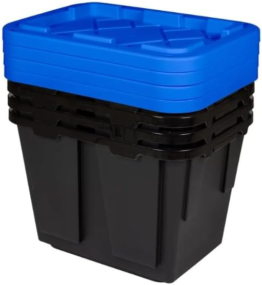 Tough 12 Gallon Plastic Storage Bin with Snap Lid, Stackable, Lockable, Set of 4, Heavy-Duty, Durable, Multi-Purpose Storage Containers for Indoor & Outdoor Use (Black and Blue)