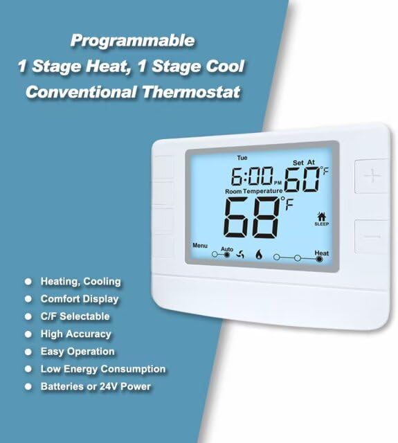 Programmable Thermostat for House, 1 Heat/1 Cool, Extra Large Display, White Backlight