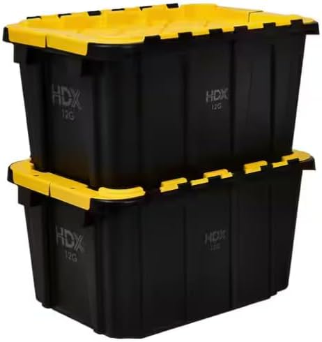12 Gal. Tough Storage Flip Top Tote in Black with Yellow Lid, High-Grade Resin, Stackable, Lockable