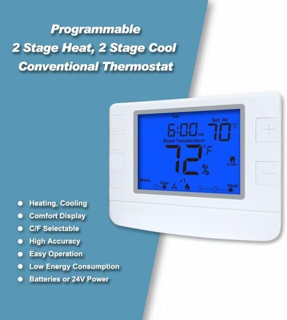 Multi Stage Thermostat for Home Cooling and Heating, 2 Heat/2 Cool, Extra Large Display, Blue Backlight