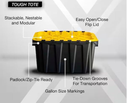 12 Gal. Tough Storage Flip Top Tote in Black with Yellow Lid, High-Grade Resin, Stackable, Lockable