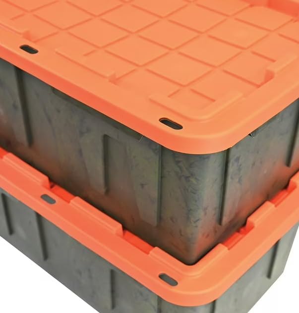 27 Gallon Heavy Duty Storage Container with Lid, Plastic, Durable and reusable, used indoor and outdoor, 20.6" D x 30.6" W x 14.3" H, 4 Pack Or 8 Pack ! (Orange and Camo, 8 Pack)