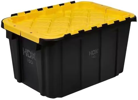 12 Gal. Tough Storage Flip Top Tote in Black with Yellow Lid, High-Grade Resin, Stackable, Lockable