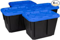 Tough 12 Gallon Plastic Storage Bin with Snap Lid, Stackable, Lockable, Set of 4, Heavy-Duty, Durable, Multi-Purpose Storage Containers for Indoor & Outdoor Use (Black and Blue)