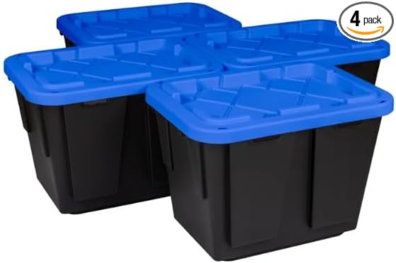 Tough 12 Gallon Plastic Storage Bin with Snap Lid, Stackable, Lockable, Set of 4, Heavy-Duty, Durable, Multi-Purpose Storage Containers for Indoor & Outdoor Use (Black and Blue)