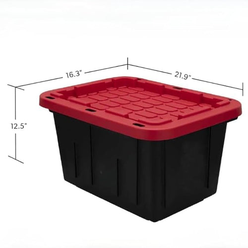 12-Gallon Plastic Storage Containers with Snap-On Lids, Black with Red Lids, Industrial-Grade Strength, Stackable and Nestable, Ideal for Home and Industrial Storage.