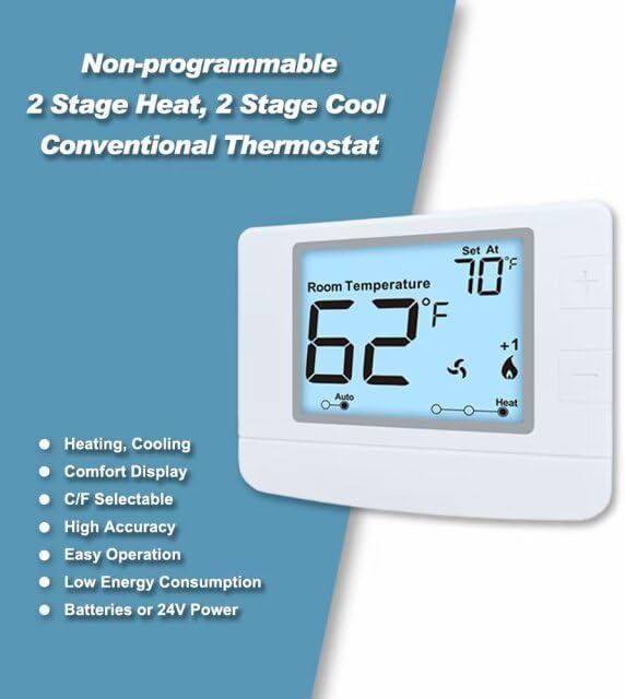 Non Programmable Thermostat for Home, Digital Energy-Saving Thermostat,Multi-Stage Systems, 2 Heat/2 Cool, Easy DIY Install, White Backlight