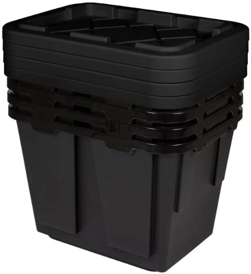 Tough 12 Gallon Plastic Storage Bin with Snap Lid, Stackable, Lockable, Set of 4, Heavy-Duty, Durable, Multi-Purpose Storage Containers for Indoor & Outdoor Use (Black)
