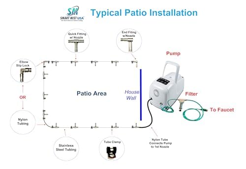 App Controlled High Pressure Misting Mister System Kit 1000 PSI Stainless Steel Tubing DIY Patio Greenhouse (100' w/ 50-008" Nozzles for Most Hot Climates, Stainless Steel)
