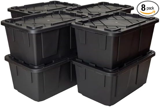 Tough 27 Gallon Plastic Storage Bin with Snap Lid, Stackable, Lockable, Set of 8, Heavy-Duty, Durable, Multi-Purpose Storage Containers for Indoor & Outdoor Use (Black)