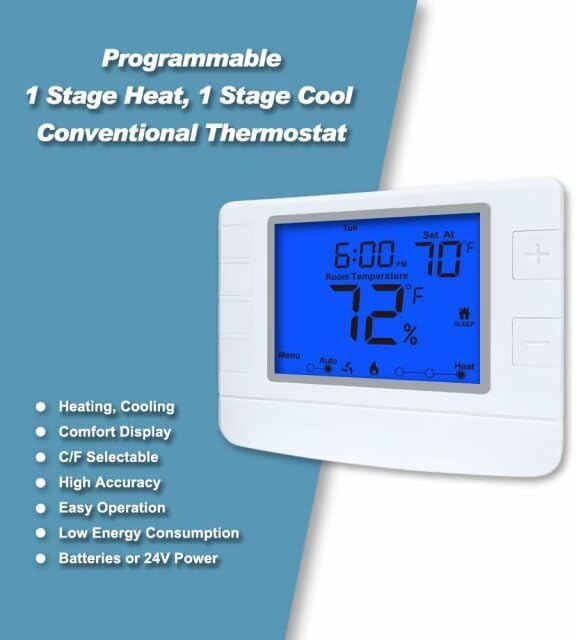 Programmable Thermostat for House, 1 Heat/1 Cool, Extra Large Display, Blue Backlight