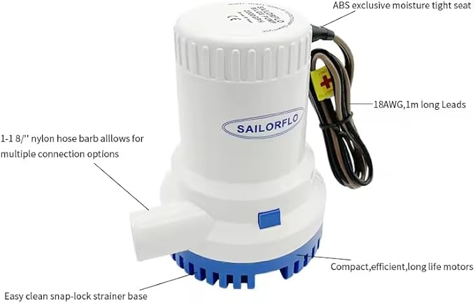 12V Bilge Pump-1500 GPH,1-1/8“(29mm) Outlet,Non-Automatic Submersible Marine Water Pump for Boat, Rvs,Pond