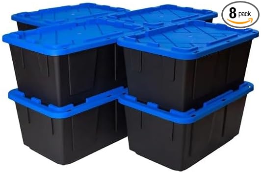 Tough 27 Gallon Plastic Storage Bin with Snap Lid, Stackable, Lockable, Set of 8, Heavy-Duty, Durable, Multi-Purpose Storage Containers for Indoor & Outdoor Use (Blue and Black)