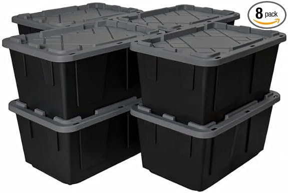Tough 27 Gallon Plastic Storage Bin with Snap Lid, Stackable, Lockable, Set of 8, Heavy-Duty, Durable, Multi-Purpose Storage Containers for Indoor & Outdoor Use (Gray and Black)