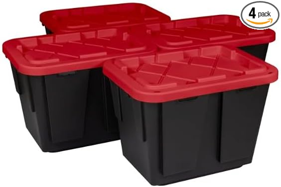 Tough 12 Gallon Plastic Storage Bin with Snap Lid, Stackable, Lockable, Set of 4, Heavy-Duty, Durable, Multi-Purpose Storage Containers for Indoor & Outdoor Use (Black and Red)