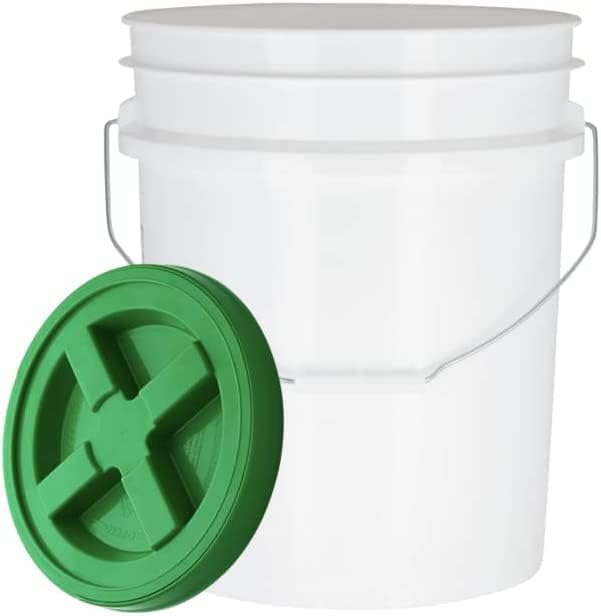 House Naturals 5 Gallon Made in USA Pail Food Grade Plastic Bucket with Screw on Air Tight Double Gasket Lid, (Pack of 3) (White Buckets -Green Lids)