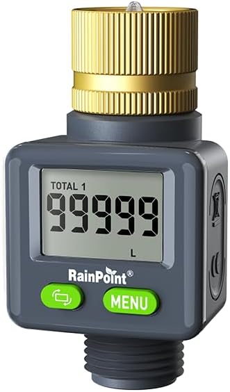 Rainpoint Water Flow Meter with Brass Inlet, 180°Screen-Flip Garden Hose Flow Meter, Measure up to 9999.9 Gallon/Liter Consumption & Flow Rate for RV, Garden Hose, Sprinkler & Nozzle Sprayer
