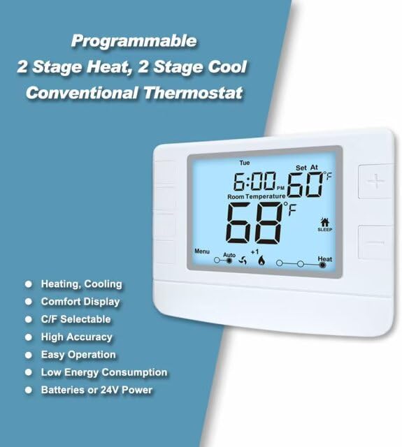 Multi Stage Thermostat for Home Cooling and Heating, 2 Heat/2 Cool, Extra Large Display, White Backlight