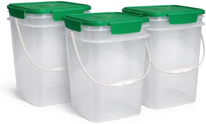 House Naturals 4 Gallon Square Food Grade Bucket Pail with Plastic Handles and Lid (Pack of 3) Made in USA containers (4G SQ Clear - Green lids)