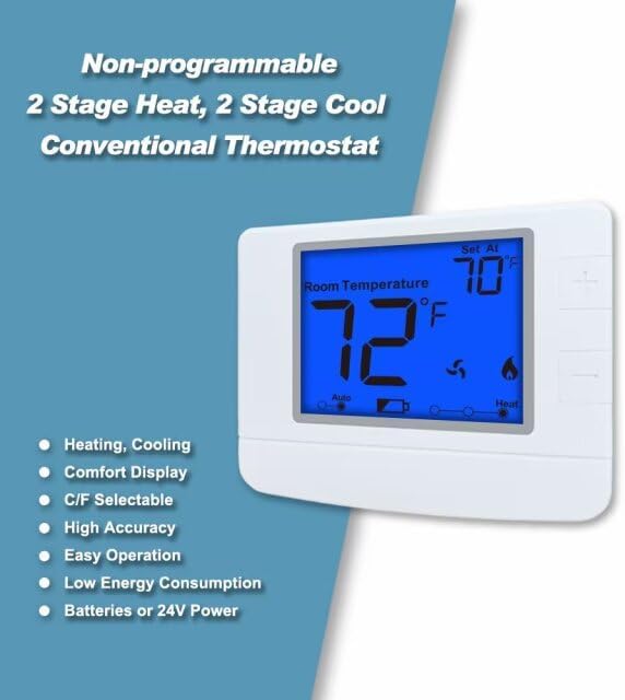 Non Programmable Thermostat for Home, Digital Energy-Saving Thermostat,Multi-Stage Systems, 2 Heat/2 Cool, Easy DIY Install, Blue Backlight
